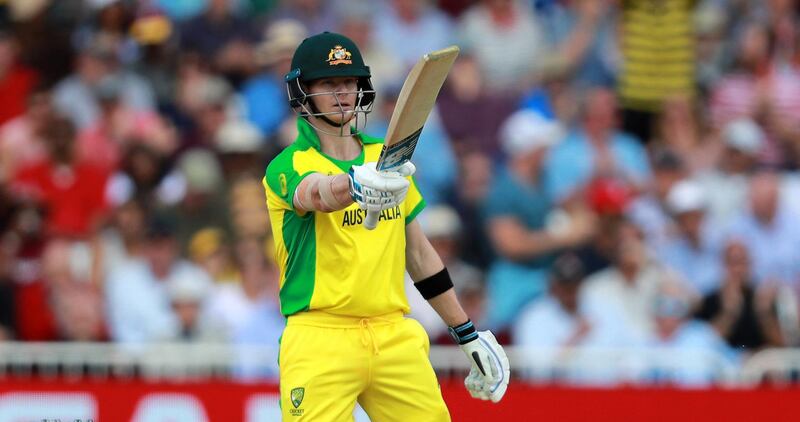 NOTTINGHAM, ENGLAND - JUNE 06:  Steve Smith of Australia celebrates his half century during the Group Stage match of the ICC Cricket World Cup 2019 between Australia and the West Indies at Trent Bridge on June 06, 2019 in Nottingham, England. (Photo by David Rogers/Getty Images)