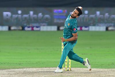 Pakistan cricketer Hasan Ali bowls during the second T20 cricket match between Pakistan and Australia at The International Cricket Stadium in Dubai on October 26, 2018. 
 / AFP / GIUSEPPE CACACE
