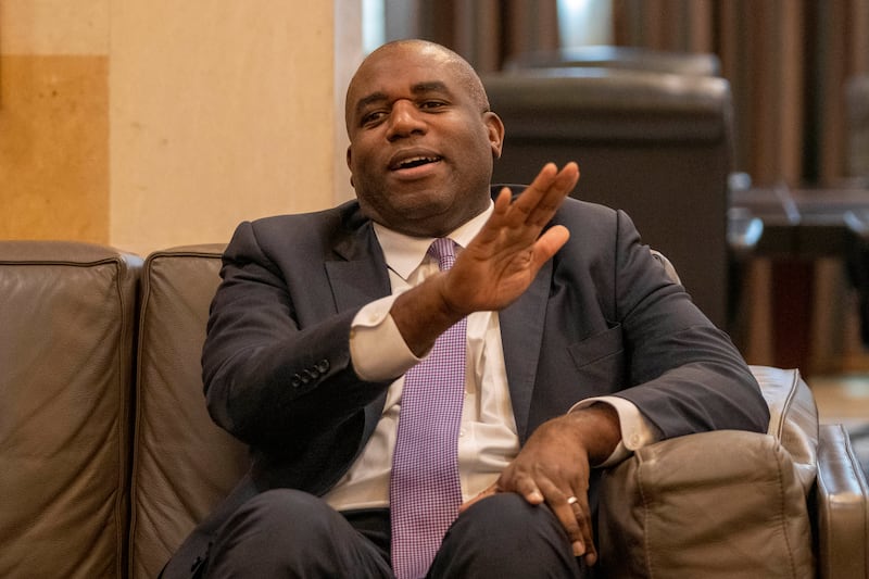 David Lammy, the UK Labour Party's Shadow Foreign Secretary gestures as he meets with Lebanese caretaker Prime Minister Najib Mikati, in Beirut, Lebanon. AP