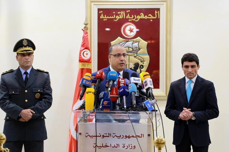 Hichem Mechichi, Tunisia's Interior Minister, speaks during a press conference at the ministry headquarters in the capital Tunis. AFP