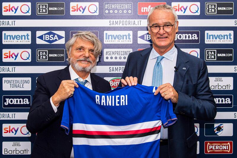 epa07922536 Sampdoria's new head coach Claudio Ranieri (R) poses for photographers with the club's chairman Massimo Ferrero (L) during a press conference for his presentation as new coach of the Italian Serie A soccer club at Sampdoria's training ground in Bogliasco, near Genoa, Italy, 15 October 2019.  EPA/SIMONE ARVEDA