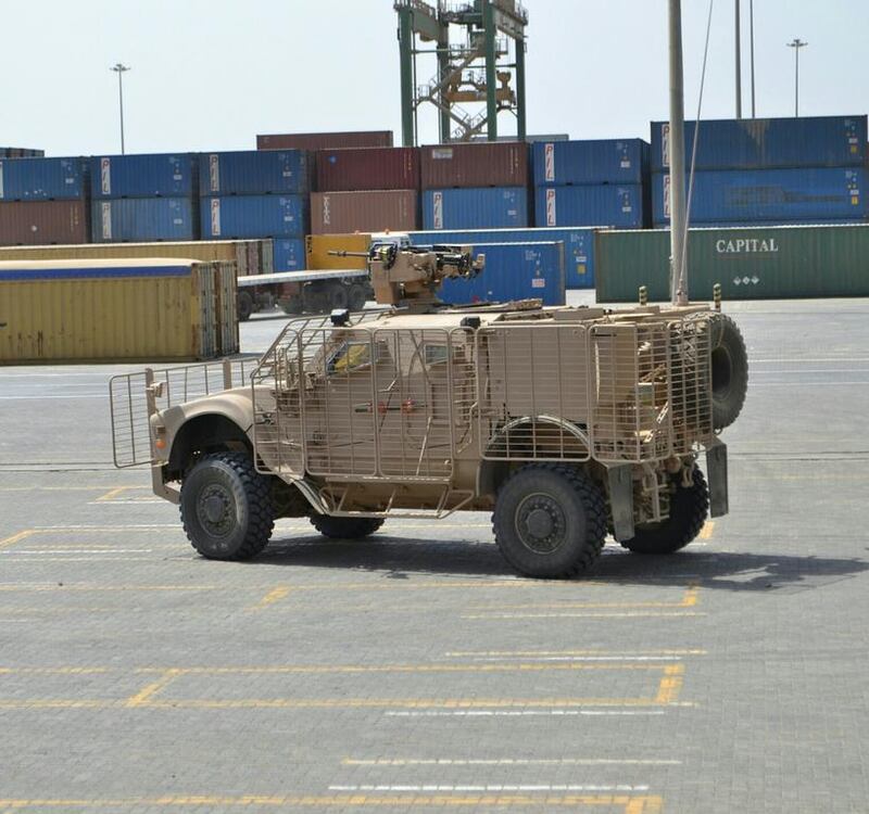 An armoured vehicle stationed at Aden's port as part of security measures put in place by coalition forces after Yemen's second city was liberated from Houthi rebels in mid July. Mohammed Al Qalisi / The National