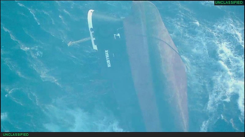 An image released by the US military showed the Belize-flagged Rubymar sinking in the Red Sea. AP