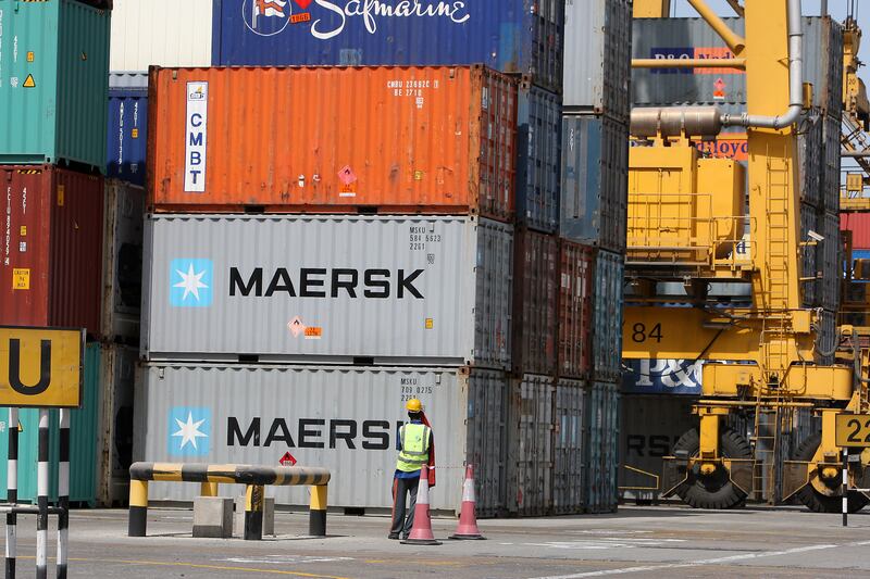 
DUBAI , UNITED ARAB EMIRATES Ð Oct 06 : Cargo containers at the Terminal 1 in Jebel Ali port in Dubai. ( Pawan Singh / The National ) For Business. Story by Frank Kane