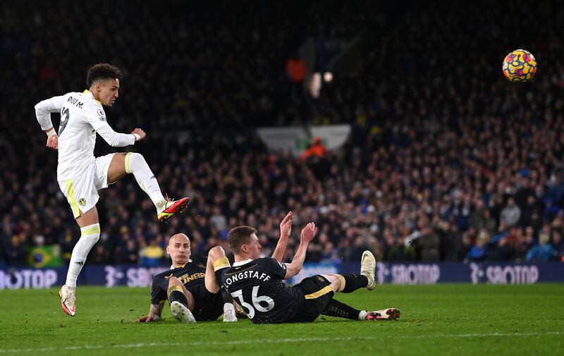 Leeds attacker Rodrigo shoots at goal. Getty