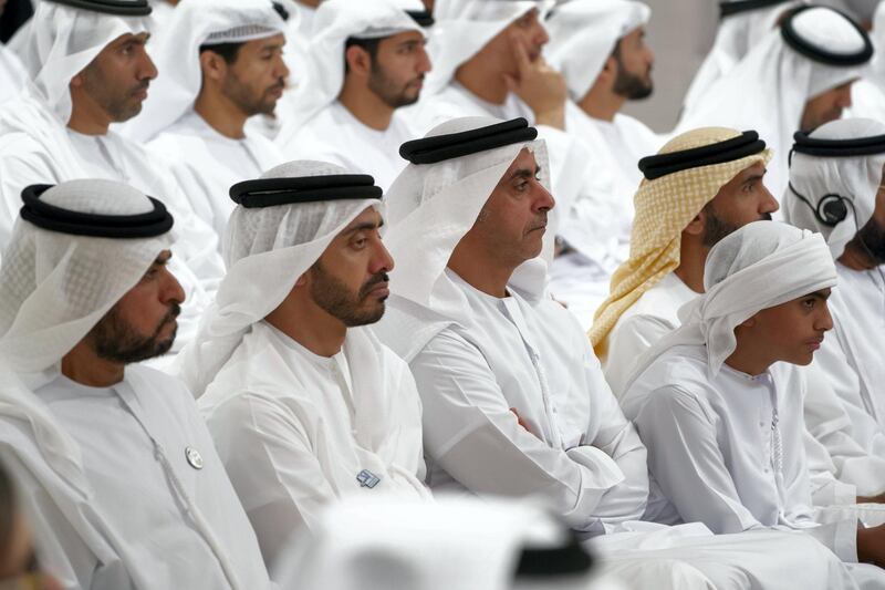 ABU DHABI, UNITED ARAB EMIRATES - May 13, 2019: (L-R) HH Sheikh Hamdan bin Mubarak Al Nahyan, HH Sheikh Abdullah bin Zayed Al Nahyan UAE Minister of Foreign Affairs and International Cooperation, HH Lt General Sheikh Saif bin Zayed Al Nahyan, UAE Deputy Prime Minister and Minister of Interior, HH Sheikh Zayed bin Nahyan bin Zayed Al Nahyan, and HH Sheikh Nahyan Bin Zayed Al Nahyan, Chairman of the Board of Trustees of Zayed bin Sultan Al Nahyan Charitable and Humanitarian Foundation, attend a lecture by Dr. Beau Lotto titled "The Science of Innovation: Becoming naturally adaptable", at Majlis Mohamed bin Zayed.
( Mohamed Al Hammadi / Ministry of Presidential Affairs )
---