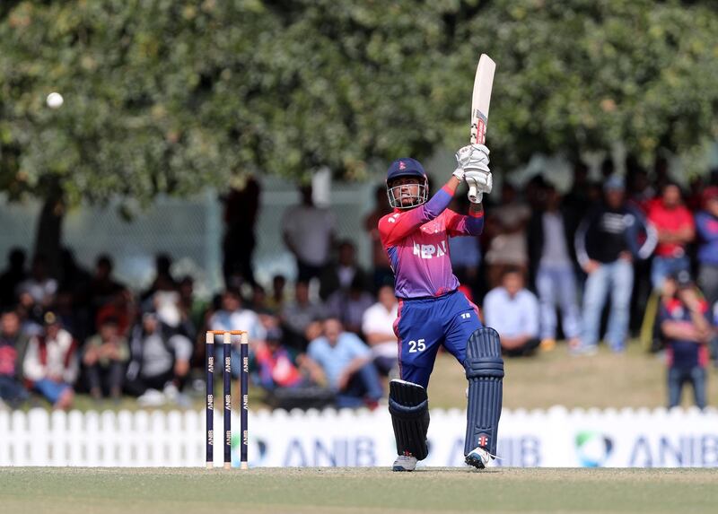 Dubai, United Arab Emirates - January 26, 2019: Sandeep Lamichhane of Nepal bats in the the match between the UAE and Nepal in a one day internationl. Saturday, January 26th, 2019 at ICC, Dubai. Chris Whiteoak/The National