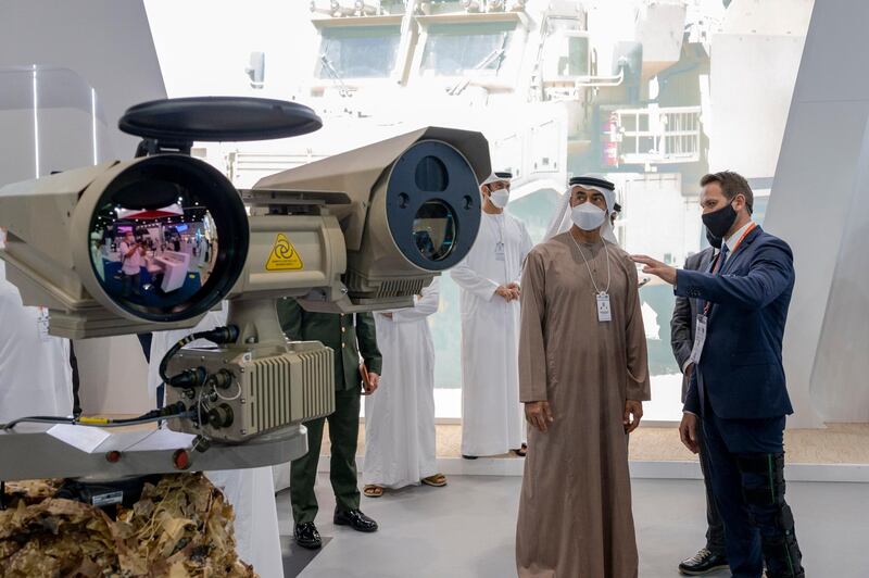 ABU DHABI, UNITED ARAB EMIRATES - February 25, 2021: HH Sheikh Mohamed bin Zayed Al Nahyan, Crown Prince of Abu Dhabi and Deputy Supreme Commander of the UAE Armed Forces (2nd R), tours the International Defence Exhibition and Conference (IDEX), at ADNEC.

( Mohamed Al Hammadi / Ministry of Presidential Affairs )
---