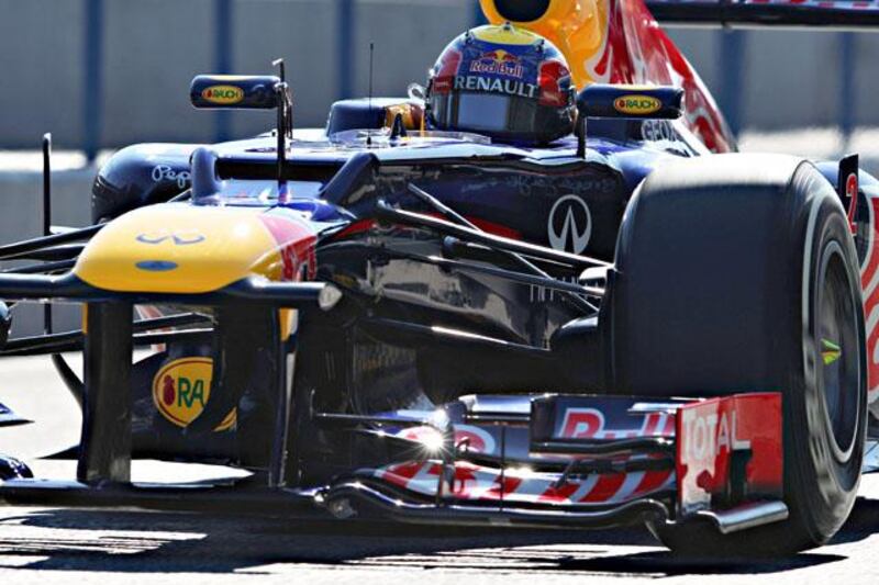 JEREZ DE LA FRONTERA, SPAIN - FEBRUARY 07:  Mark Webber of Australia and Red Bull Racing drives the new Red Bull Racing RB8 during Formula One winter testing at the Circuito de Jerez on February 7, 2012 in Jerez de la Frontera, Spain.  (Photo by Mark Thompson/Getty Images)