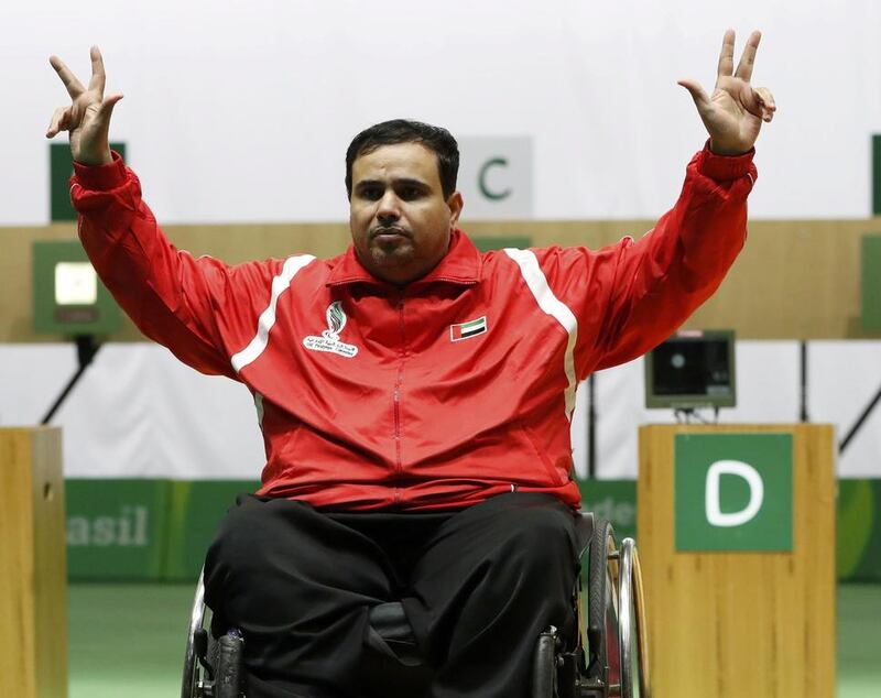 UAE shooter Abdullah Sultan Al Aryani on the podium after his second-place finish in the  R1 - men's 10m air rifle standing SH1 at the Rio 2016 Paralympic Games on September 8, 2016. Carlos Garcia Rawlins / Reuters