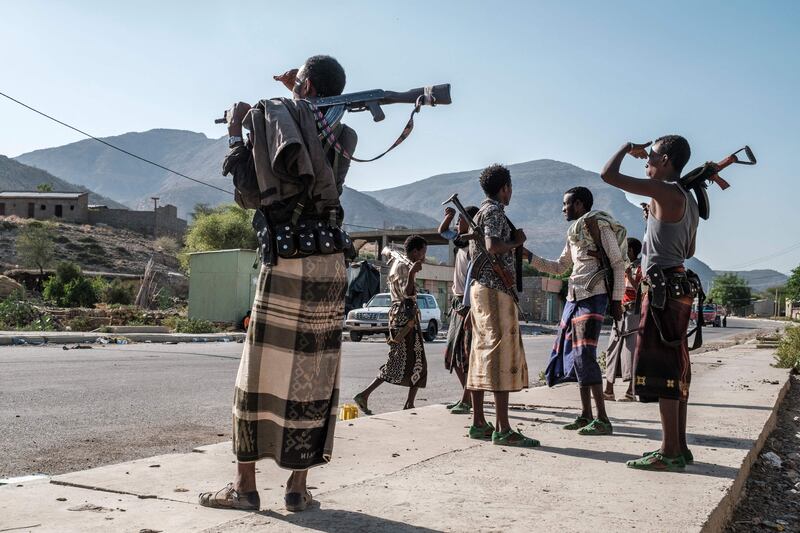 Members of the Afar militia stand guard at a checkpoint near the town of Abala, Ethiopia. AFP