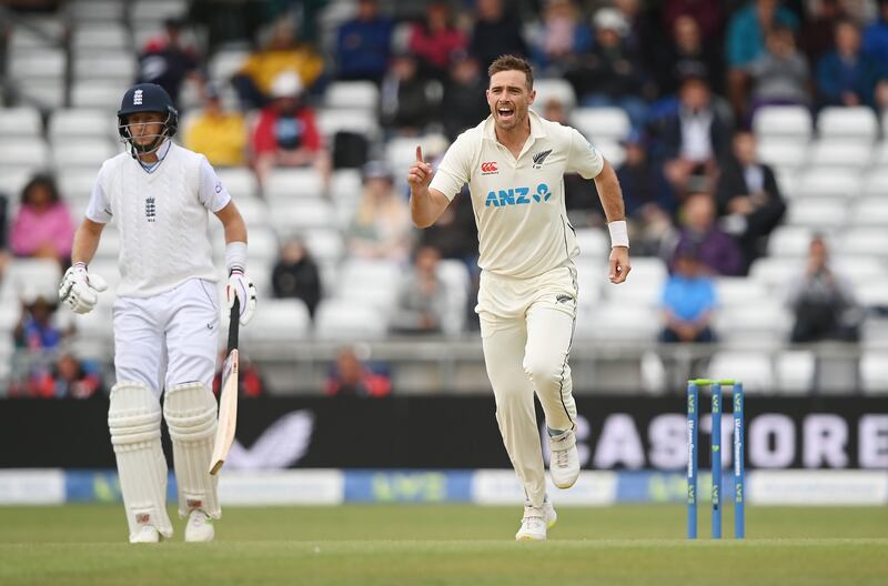 Tim Southee of New Zealand celebrates taking the wicket of England's Ollie Pope. Getty