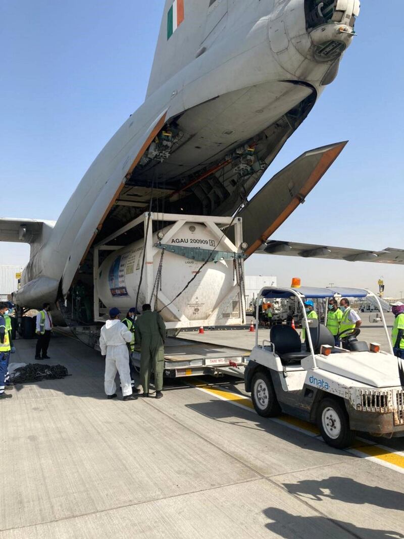 IAF's IL-76 aircraft has airlifted 3 empty cryogenic containers from Jamnagar to Al Maktoum, Dubai. Indian Oil Corporation Ltd has coordinated for these containers which will be filled up with Liquid Medical Oxygen at Dubai and brought back by ship to India. India Ministry of Defence