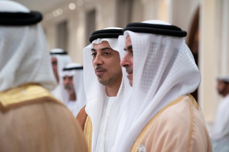 ABU DHABI, UNITED ARAB EMIRATES - June 04, 2019: HH Lt General Sheikh Saif bin Zayed Al Nahyan, UAE Deputy Prime Minister and Minister of Interior (R) and HH Sheikh Mansour bin Zayed Al Nahyan, UAE Deputy Prime Minister and Minister of Presidential Affairs (2nd R), attend an Eid Al Fitr reception at Mushrif Palace. 

( Mohamed Al Hammadi / Ministry of Presidential Affairs )
---