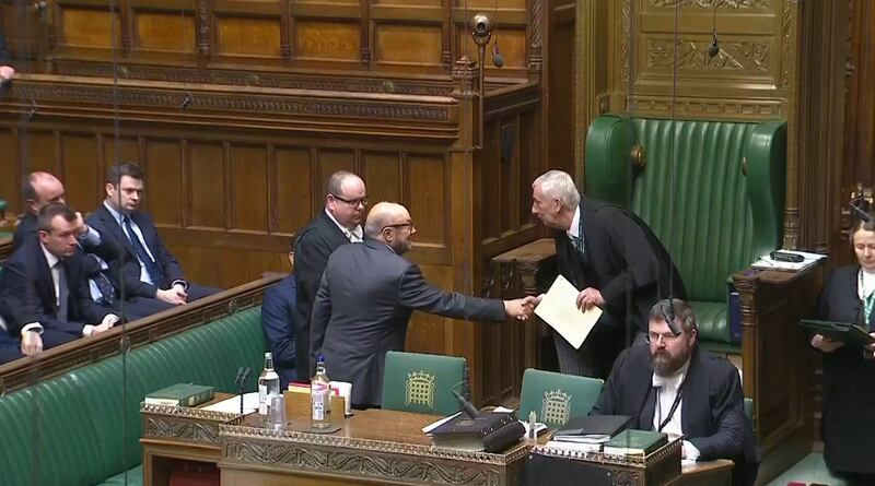 Mr Galloway shakes hands with Speaker of the Commons Lindsay Hoyle. House of Commons/UK Parliament/PA Wire.