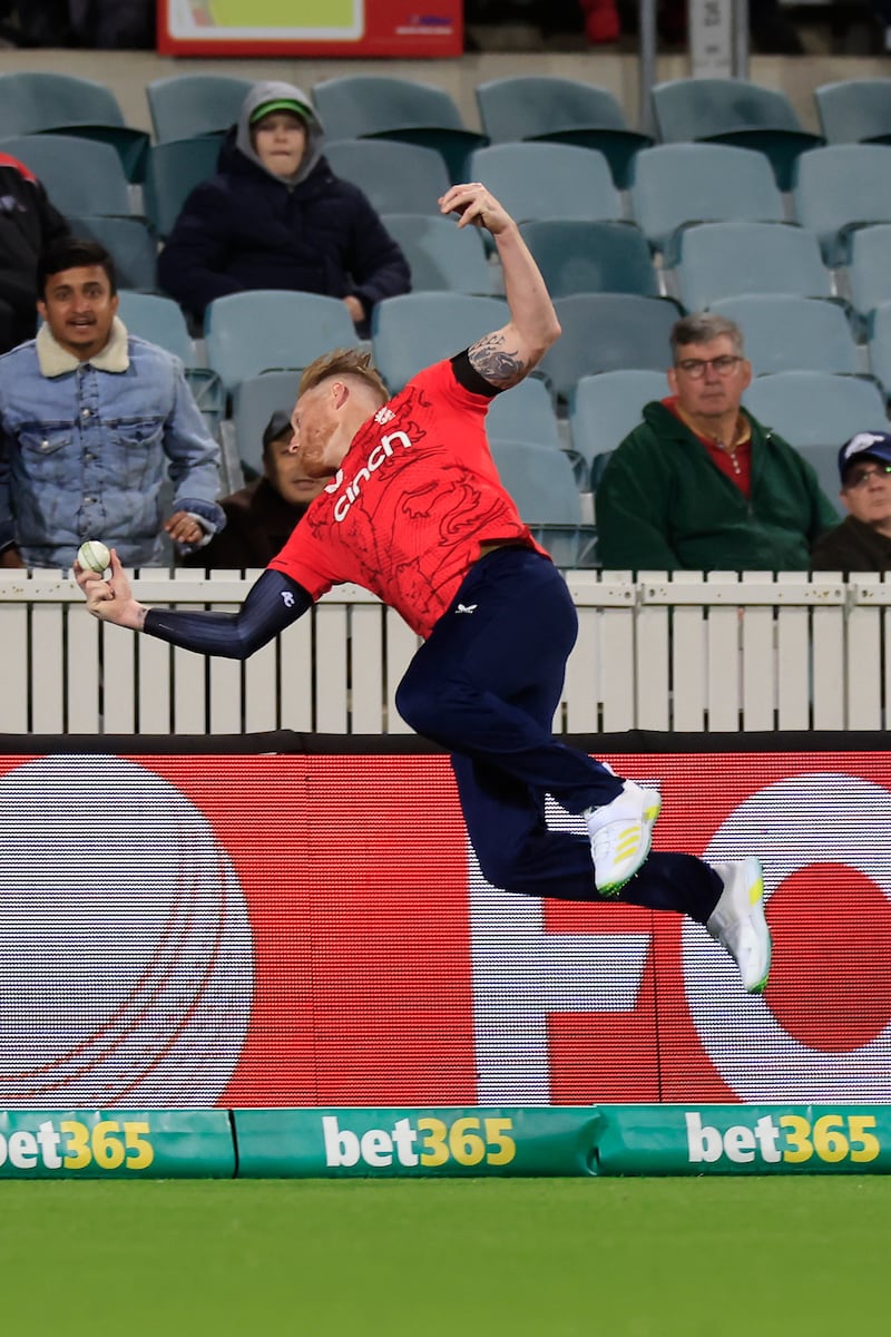 Ben Stokes of England saves a boundary from Mitchell Marsh of Australia. Getty