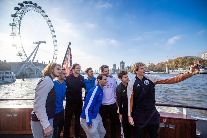 Handout photo provided by Wonderhatch of Dominic Thiem, Novak Djokovic, Matteo Berrettini, Roger Federer, Rafael Nadal, Alexander Zverev, Daniil Medvedev and Stefanos Tsitsipas take a selfie on the River Thames under the London Eye ahead of the 2019 Nitto ATP Finals. PA Photo. Issue date: Friday November 8, 2019. See PA story TENNIS London. Photo credit should read: Wonderhatch/PA Wire. NOTE TO EDITORS: This handout photo may only be used in for editorial reporting purposes for the contemporaneous illustration of events, things or the people in the image or facts mentioned in the caption. Reuse of the picture may require further permission from the copyright holder.