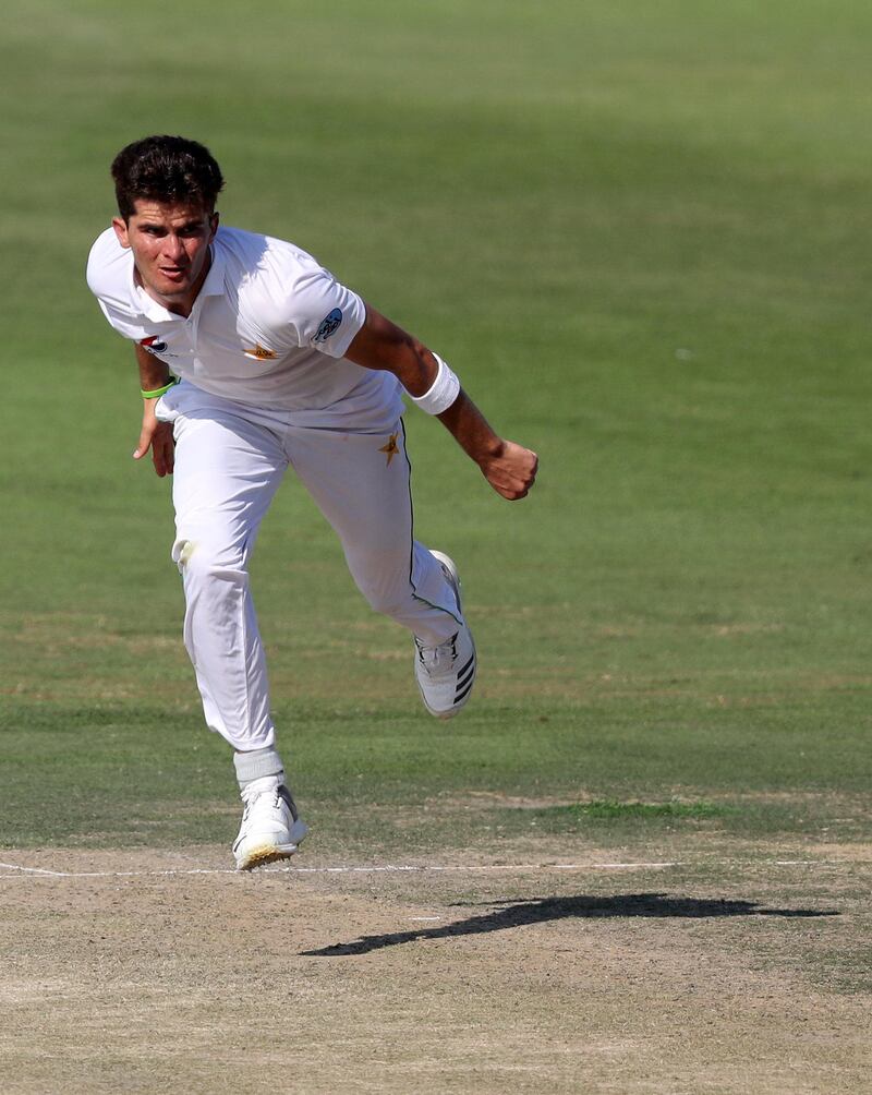 Abu Dhabi, United Arab Emirates - December 03, 2018: Shaheen Afridi of Pakistan bowls during the game between Pakistan and New Zealand in the third test match. Monday the 3rd of December 2018 at Zayed cricket stadium, Abu Dhabi. Chris Whiteoak / The National