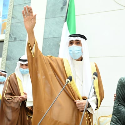 Kuwait's new Emir Nawaf al-Ahmad al-Sabah gestures as he arrives to take the oath of office at the parliament, in Kuwait City, Kuwait September 30, 2020. Kuwait News Agency/Handout via REUTERS ATTENTION EDITORS - THIS IMAGE WAS PROVIDED BY A THIRD PARTY. NO RESALES. NO ARCHIVES.