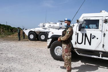 A patrol unit of the United Nations peacekeeping force in Lebanon (UNIFIL) is stationed in the southernmost Lebanese town of Naqura by the border with Israel, on May 4, 2021. AFP Photo