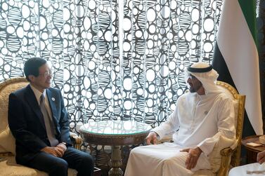Sheikh Mohamed bin Zayed Al Nahyan, Crown Prince of Abu Dhabi and Deputy Supreme Commander of the UAE Armed Forces, and Toshiaki Kitamura, President and CEO of Inpex. Mohamed Al Hammadi/Crown Prince Court - Abu Dhabi 
---