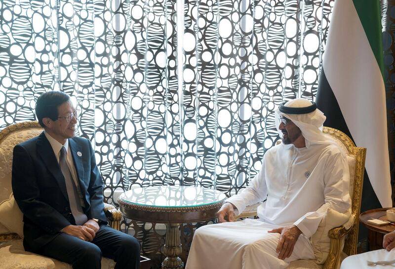 ABU DHABI, UNITED ARAB EMIRATES -February 26, 2018: HH General Sheikh Mohamed bin Zayed Al Nahyan Crown Prince of Abu Dhabi Deputy Supreme Commander of the UAE Armed Forces (R), meets with Toshiaki Kitamura, President and CEO of INPEX (L), at Al Shati Palace.

( Mohamed Al Hammadi / Crown Prince Court - Abu Dhabi )
---
