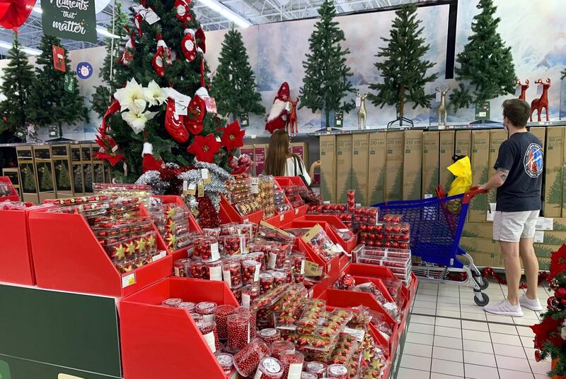 DUBAI , UNITED ARAB EMIRATES , November 22 – 2020 :- Christmas decorative items on display at the Carrefour hypermarket in Ibn Battuta mall in Dubai. ( Pawan Singh / The National ) For News/Standalone/Online/Instagram