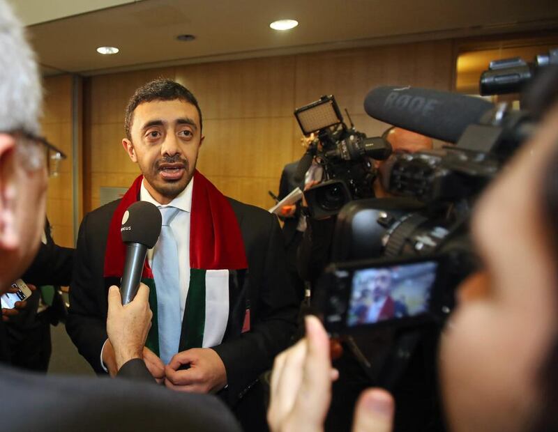 Sheikh Abdullah bin Zayed, the UAE Foreign Minister, addresses the media after the Dubai win. Remy de la Mauviniere / AP Photo