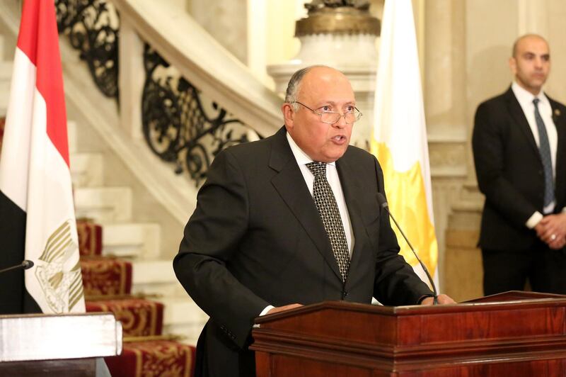 epa08112777 Egyptian Foreign Minister Sameh Shoukry speaks during a press conference following a meeting to discuss the Libya situation, in Cairo, Egypt, 08 January 2020. According to reports, Egypt is hosting a meeting with Foreign Ministers of France, Italy, Greece and Cyprus to discuss the recent developments in Libya.  EPA/KARIM ABDELAZIZ