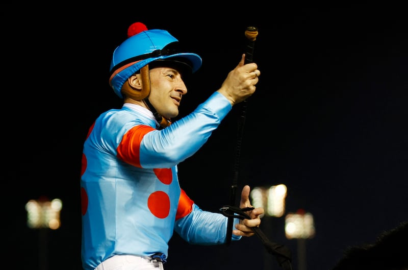 Christophe-Patrice Lemaire on Equinox celebrates winning the Longines Dubai Sheema Classic, which brought $6 million in prize money. Reuters