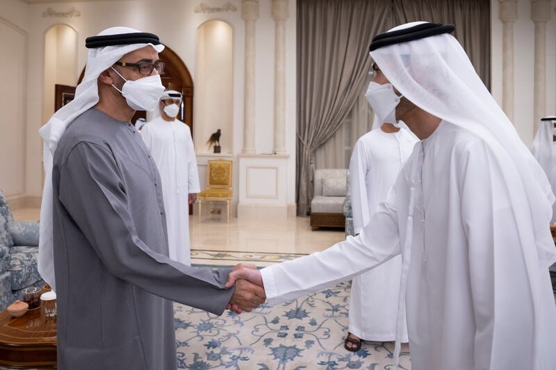President Sheikh Mohamed received condolences from Mohamed Al Hussaini, Minister of State for Financial Affairs, at Mushrif Palace in Abu Dhabi.