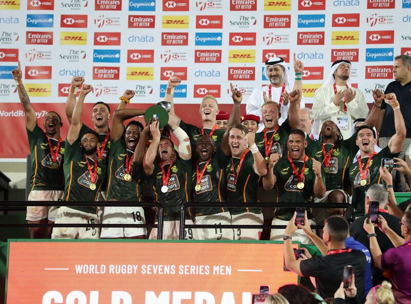 South Africa celebrate after beating Ireland in the 2022 World Sevens Series final in Dubai. All images by Chris Whiteoak / The National