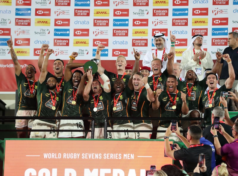 South Africa celebrate after beating Ireland in the 2022 World Sevens Series final in Dubai. All images by Chris Whiteoak / The National