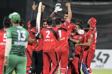 Sharjah, United Arab Emirates - Reporter: Paul Radley. Sport. Cricket. Sharjah's Vriitya Aravind celebrates victory. Final of the Emirates D10, Fujairah v Sharjah. Monday, April 5th, 2021. Sharjah. Chris Whiteoak / The National