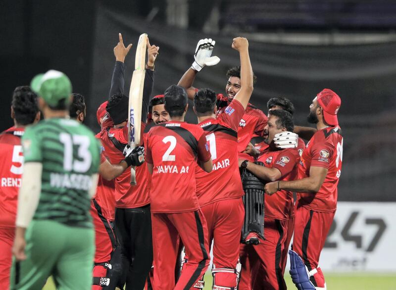 Sharjah, United Arab Emirates - Reporter: Paul Radley. Sport. Cricket. Sharjah's Vriitya Aravind celebrates victory. Final of the Emirates D10, Fujairah v Sharjah. Monday, April 5th, 2021. Sharjah. Chris Whiteoak / The National