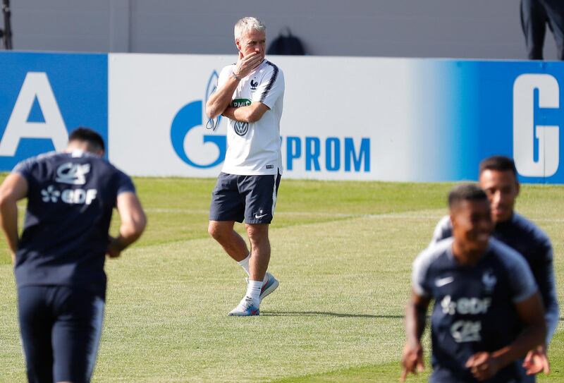 epa06884116 France's head coach Didier Deschamps (C) leads his team's training session in Istra, outside Moscow, Russia, 12 July 2018. France will face Croatia in their FIFA World Cup 2018 final in Moscow on 15 July 2018.  EPA/SERGEI ILNITSKY