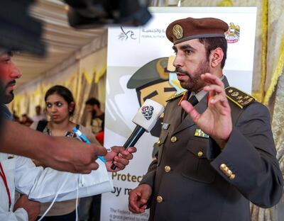 Abu Dhabi, U.A.E., August 1, 2018.
Amnesty seekers at the Shahama Police Centre.  General Saeed Al Shamsi speaks to the media.
Victor Besa / The National
Section:  NA
Reporter:  Haneen Dajani