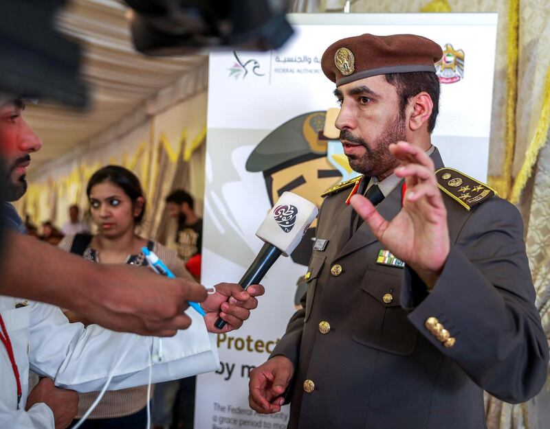 Abu Dhabi, U.A.E., August 1, 2018.
Amnesty seekers at the Shahama Police Centre.  General Saeed Al Shamsi speaks to the media.
Victor Besa / The National
Section:  NA
Reporter:  Haneen Dajani