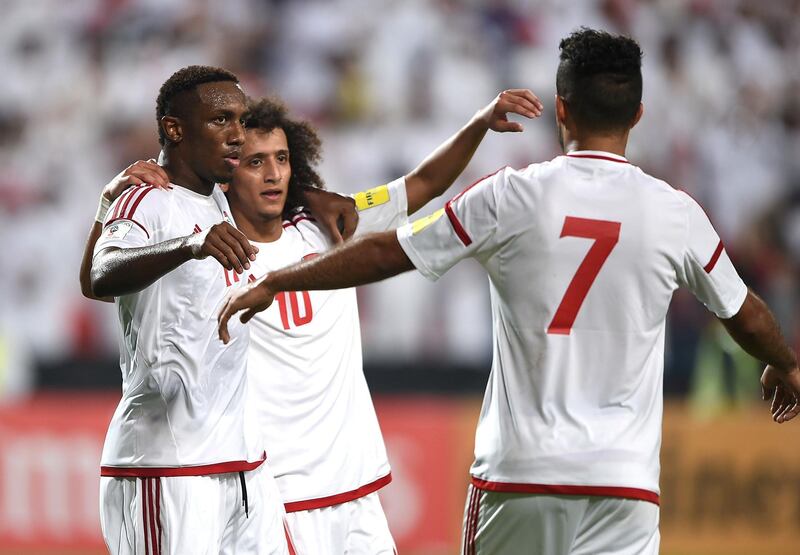 ABU DHABI, UNITED ARAB EMIRATES - OCTOBER 06: Ahmed Khalil (L) of UAE celebrates his goal with Omar Abdulrahman during the 2018 FIFA World Cup Qualifier match between UAE and Thailand at Mohamed Bin Zayed Stadium on October 6, 2016 in Abu Dhabi, United Arab Emirates.  (Photo by Tom Dulat/Getty Images)
