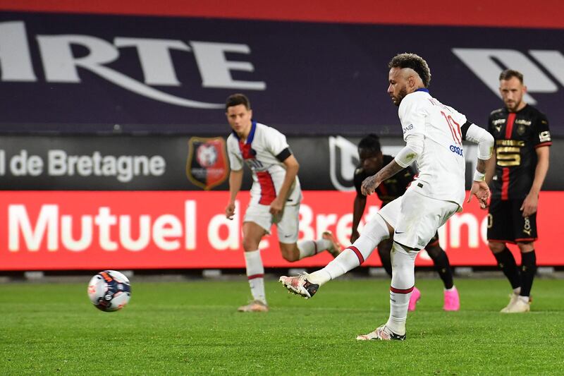 PSG forward Neymar scores from the penalty spot during the 1-1 draw with Rennes at the Roazhon Park Stadium. AFP