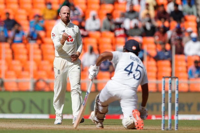 Matthew Jack Leach of England celebrates the wicket of Rohit Sharma of India  during day two of the third PayTM test match between India and England held at the Narendra Modi Stadium , Ahmedabad, Gujarat, India on the 25th February 2021

Photo by Saikat Das / Sportzpics for BCCI