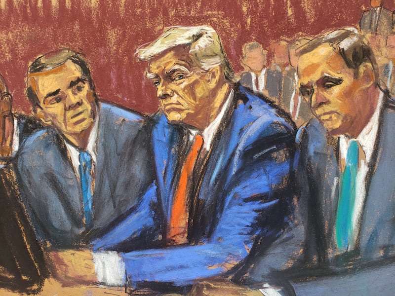 Mr Trump appears at Wilkie D Ferguson Jr US Courthouse, alongside his lawyers Chris Kise and Mr Blanche in a courtroom sketch. Reuters
