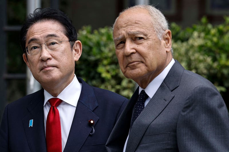 Japan's Prime Minister Fumio Kishida and Arab League Secretary General Ahmed Aboul Gheit in Cairo after a meeting on Sunday. AFP