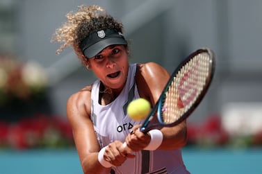 Egypt's Mayar Sherif returns the ball to Belarus' Aryna Sabalenka during their 2023 WTA Tour Madrid Open tennis tournament singles match at Caja Magica in Madrid on May 2, 2023.  (Photo by Thomas COEX  /  AFP)