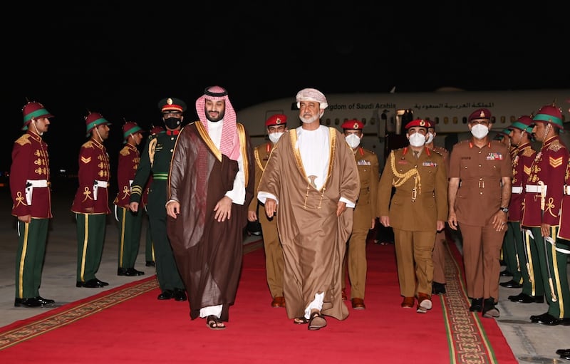 Prince Mohammed and Sultan Haitham bin Tariq after the former's arrival in the Sultanate of Oman. Photo: Oman News Agency