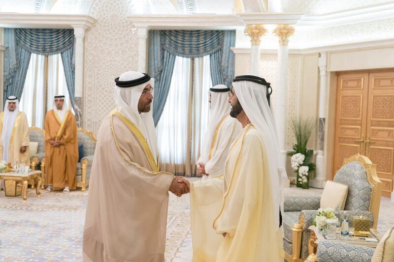 ABU DHABI, UNITED ARAB EMIRATES - September 18, 2018: HH Sheikh Mohamed bin Zayed Al Nahyan Crown Prince of Abu Dhabi Deputy Supreme Commander of the UAE Armed Forces (R) and HH Sheikh Mohamed bin Rashid Al Maktoum, Vice-President, Prime Minister of the UAE, Ruler of Dubai and Minister of Defence (2nd R), witness the oath of HE Ahmed bin Al Sayegh, Minister of State (L), during a swearing in ceremony, held at Presidential Palace.

(Rashed Al Mansoori / Crown Prince Court - Abu Dhabi )
---