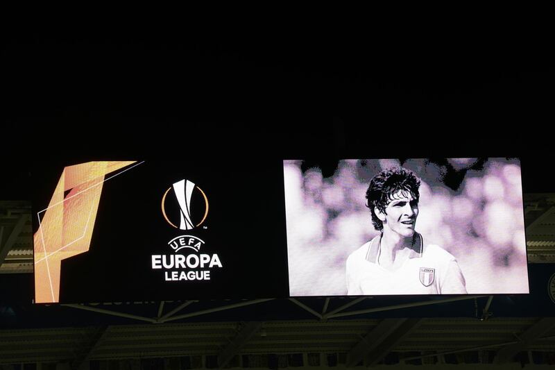 A tribute to the late Italian footballer Paolo Rossi before the match at the King Power Stadium. EPA