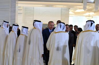 Turkish President Tayyip Erdogan meets with Qatar's Emir Sheikh Tamim bin Hamad al-Thani in Doha, Qatar, November 25, 2019. Mustafa Oztartan/Presidential Press Office/Handout via REUTERS ATTENTION EDITORS - THIS PICTURE WAS PROVIDED BY A THIRD PARTY. NO RESALES. NO ARCHIVE