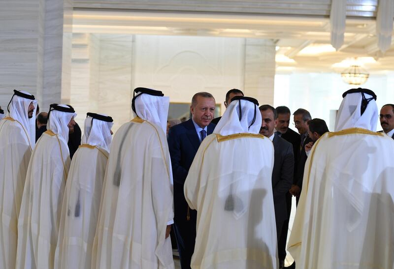 Turkish President Tayyip Erdogan meets with Qatar's Emir Sheikh Tamim bin Hamad al-Thani in Doha, Qatar, November 25, 2019. Mustafa Oztartan/Presidential Press Office/Handout via REUTERS ATTENTION EDITORS - THIS PICTURE WAS PROVIDED BY A THIRD PARTY. NO RESALES. NO ARCHIVE