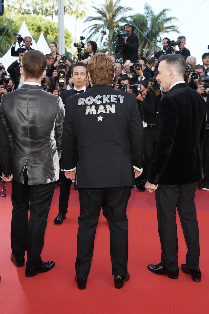 The 'Rocketman' detail on the back of Elton John's suit at the film's Cannes Film Festival premiere in May 2019. Getty Images